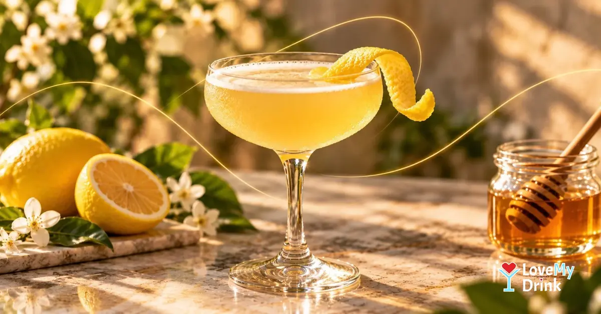 Bee’s Knees cocktail with gin, lemon and honey in a coupe glass with a fresh lemon twist