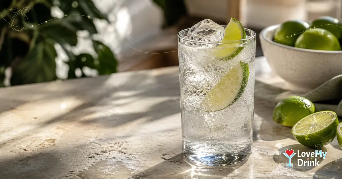 Crisp lime highball with ice and bubbles on a sunlit home counter with subtle golden lemon lines.