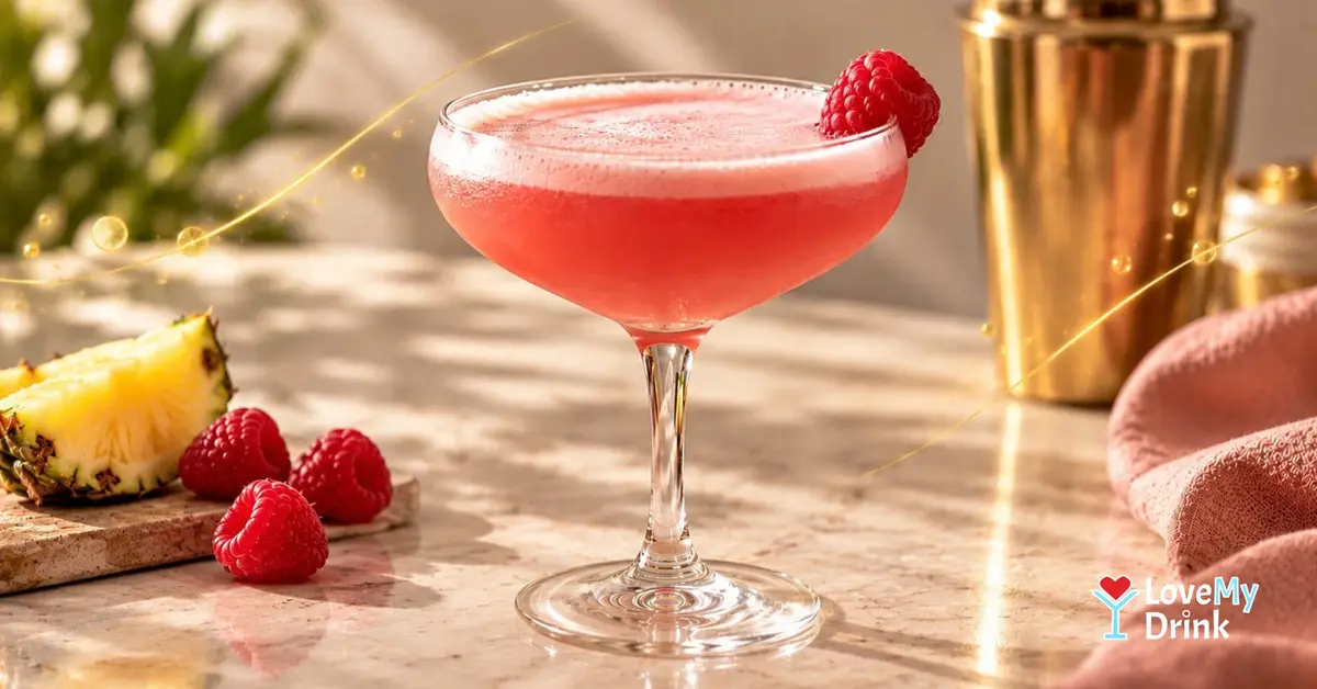 Frothy pink French Martini with raspberry and pineapple in warm natural light