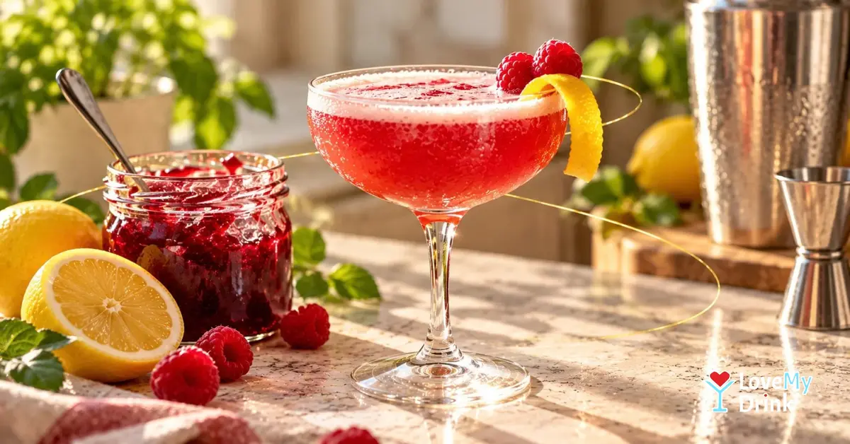 Raspberry jam cocktail in a coupe with lemon, fresh berries and an open jar of jam.