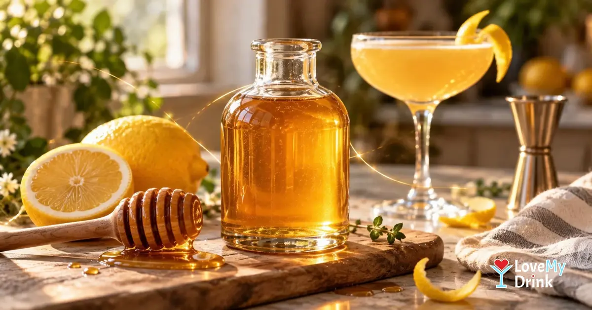 Homemade honey syrup with fresh lemons, honey dipper and a golden cocktail in a warm home kitchen.