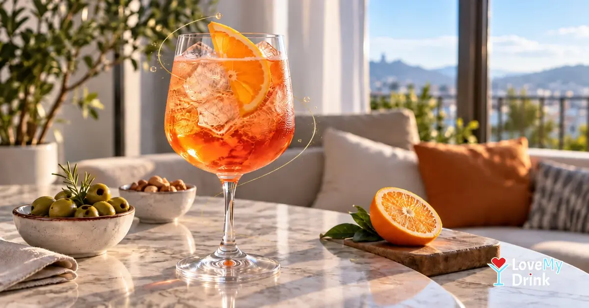 Orange aperitivo-style daycap with olives and citrus in bright late-afternoon light.